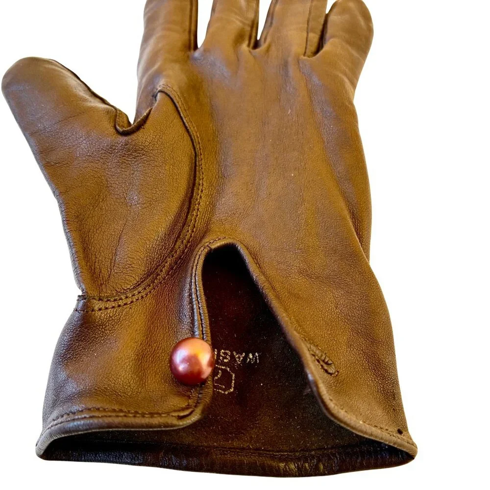 Vintage Brown Leather Gloves Unlined Button Wrist WASHABLE Womens 7.5